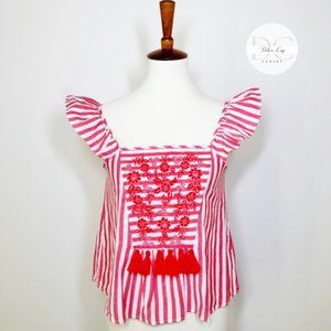 ZARA Red Striped Embroidered Sleeveless Top Size XS.